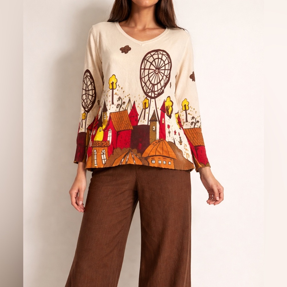 Ness Cream Scenic Print V-Neck Sweater size medium - Picture 2 of 10